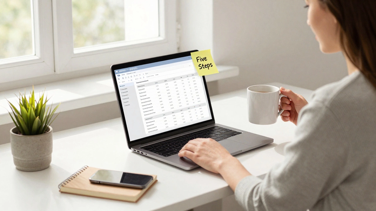A freelance designer checking a business registry on a laptop with a &#039;Five Steps&#039; note nearby.