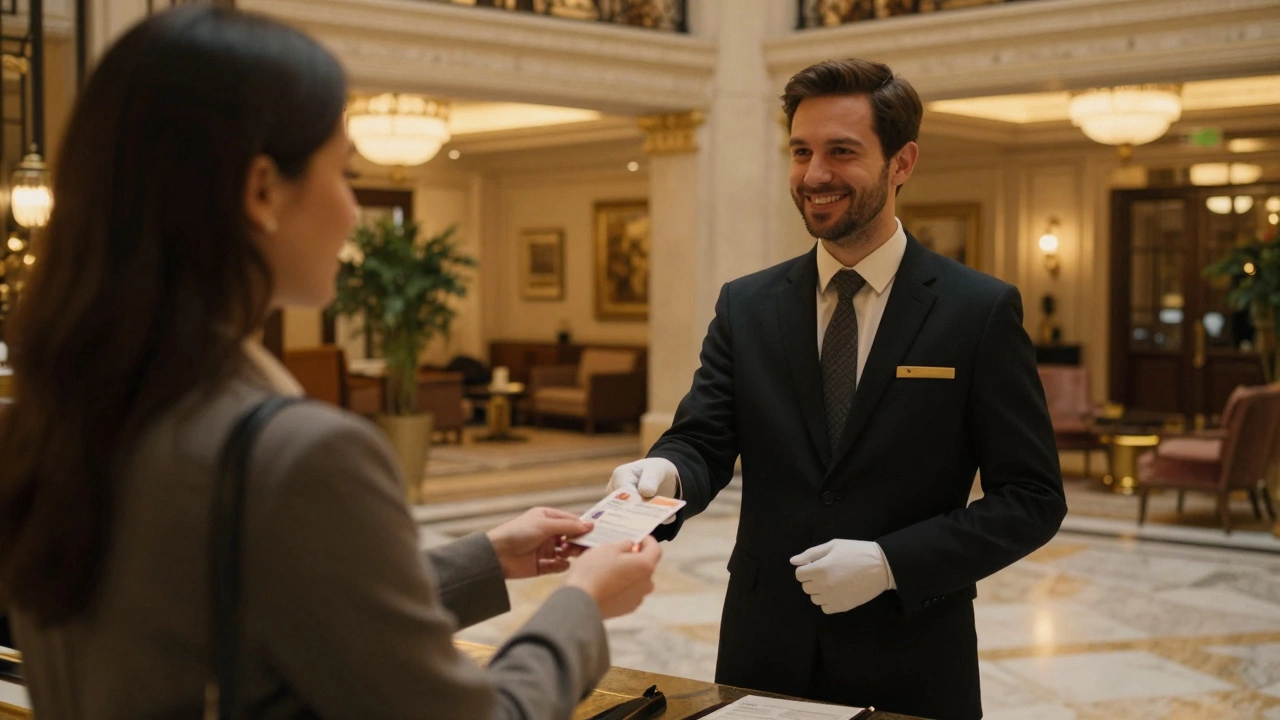 A luxury hotel concierge accepting a guest&#039;s ID with a respectful, professional smile.